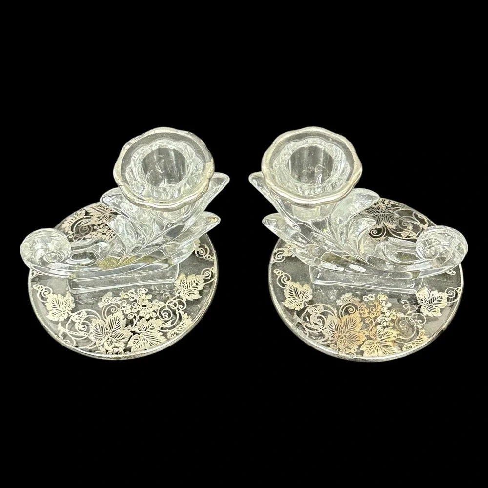 Fostoria Clear Glass Candlestick Set Sterling Silver Overlay Baroque Grapes Ivy